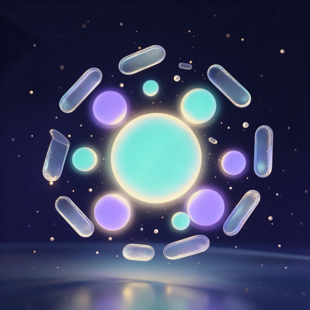 主星居中，周围小星体与胶囊形玻璃碎片聚拢成松散环形